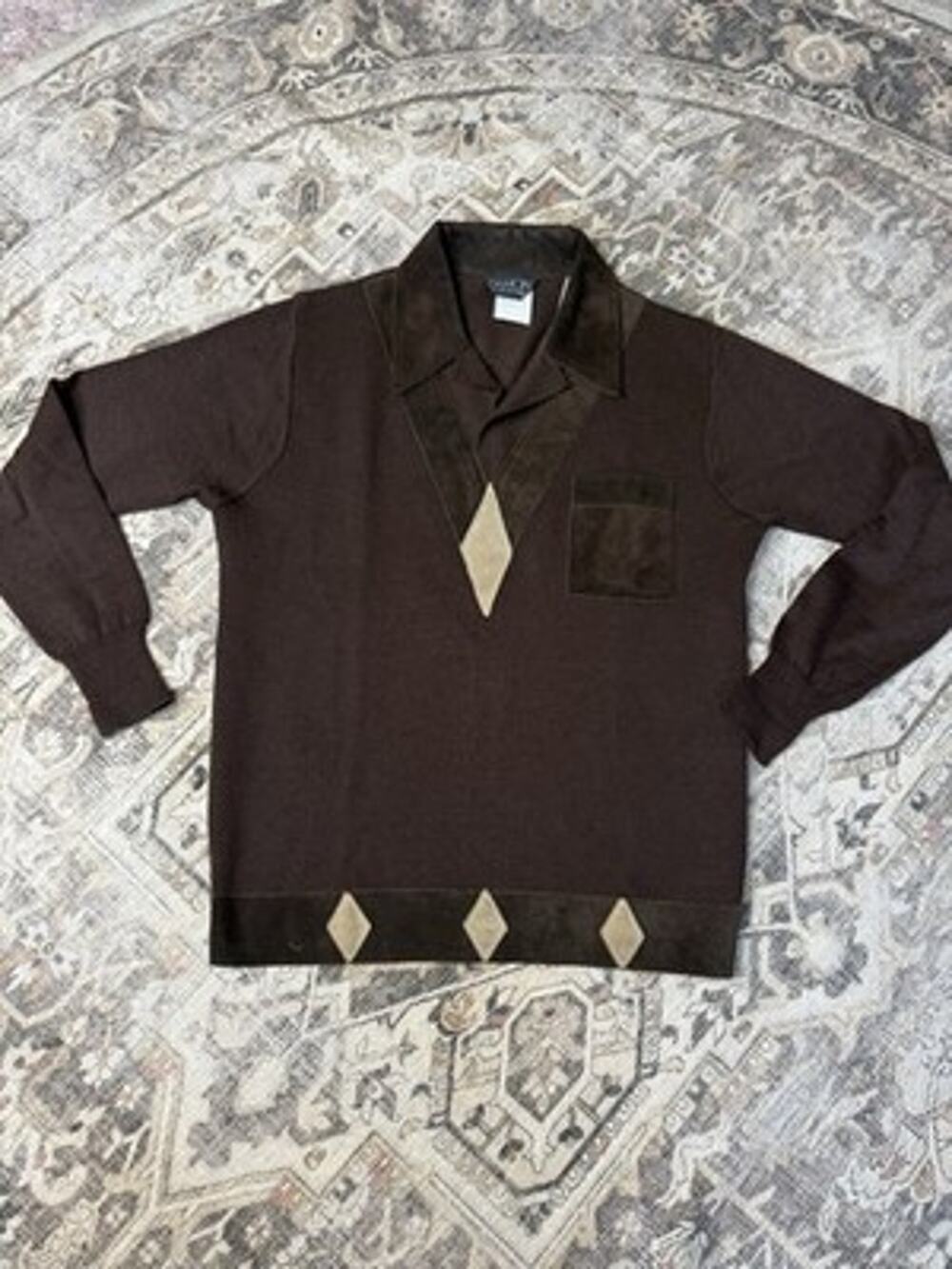 Vtg 70’s DAMON Made In Italy Wool/Acrylic -suede Collar Sweater Rockabilly Brown